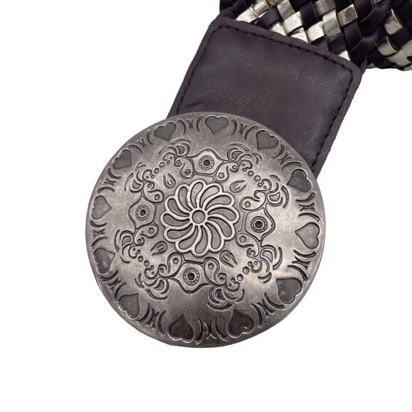 Round Floral Engraved Buckle Woven Belt Black and Silver 42 Inch - Picture 2 of 5